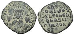 BYZANTINE Basil I the Macedonian, with Constantine and Leo VI (867-886 AD) Constantinople AE Follis (24mm, 5.00 g) Obv: + LEOh bASIL' S COnST AЧςς' Crowned half-length figures of Basil, wearing loros,