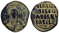 BYZANTINE Anonymous Basil II & Constantine VIII, circa 1020-1028. Æ Follis (28mm, 10.1 g). Constantinople mint. +ЄMMANHOVΛ Facing bust of Christ Pantokrator / +IҺSЧS/ XRISTЧS/ BASILЄЧ/ BASILЄ’ in four