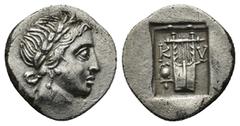 GREEK LYCIA, Lycian League. Masikytes, 48-42 BC. AR Hemidrachm (15mm, 1.8 g). Laureate head of Apollo / Lyre in incuse square, helmet to left, K V.