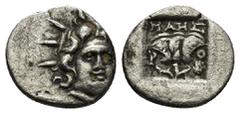 GREEK Islands off Caria, Rhodos. Rhodes. 125-88 B.C. AR hemidrachm (12mm, 1.3 g). "Plinthophoric" AR coinage. "Mahs", magistrate. anepigraphic, Radiate head of Helios facing, 3/4 right / / MAHΣ / R - 