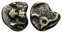 GREEK DYNASTS of LYCIA. Perikles 380-362 BC, Tetrobol (2.7 Gr. 13mm) Facing head of lion. Rev. triskeles