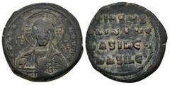 BYZANTINE Anonymous Folles. temp. Basil II & Constantine VIII, circa 1020-1028. AE Follis (8.9 Gr.27mm.). Class A3. Constantinople mint. Facing bust of Christ Pantokrator Rev. +IҺSЧS/ XRISTЧS/ BASILЄЧ