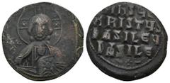BYZANTINE Anonymous Folles. temp. Basil II & Constantine VIII, circa 1020-1028. AE. Follis (7 Gr. 28mm). Constantinople. Facing bust of Christ Pantokrator Rev. +IҺSЧS/ XRISTЧS/ BASILЄЧ/ BASILЄ’ in fou