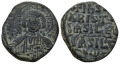 BYZANTINE Anonymous Folles. temp. Basil II & Constantine VIII, circa 1020-1028. AE Follis (10 Gr. 28mm). Class A3. Constantinople mint. Facing bust of Christ Pantokrator Rev. +IҺSЧS/ XRISTЧS/ BASILЄЧ/