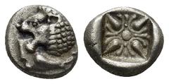 GREEK Ionia, Miletos AR Diobol. Ionia, Miletos AR Diobol. late 6th-early 5th C. BC. (1.19 Gr. 10mm) Forepart of lion right, head turned back Rev. Stellate design within square incuse.