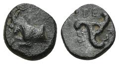 GREEK DYNASTS of LYCIA. Perikles. Circa 380-360 BC. AE. (1.43 Gr. 10mm.) Forepart of goat left Rev. Triskeles