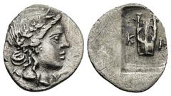 GREEK Lycia. Telmessos-Kragos. Lycian League circa 27-23 BC. Hemidrachm AR (1.4 Gr. 17mm.) Laureate head of Apollo right Rev. T-E and K-P to left and right of lyre, within incuse square.