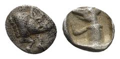 GREEK LYCIA, Uncertain. 5th century BC. AR Hemiobol(?) (0.21 Gr. 6mm.) Forepart of boar right Rev. Head and neck of hound, wearing leash, left, within incuse square