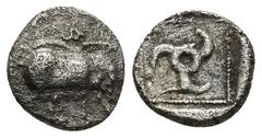 GREEK LYCIA, Dynasts of. Kuprilli. Circa 470-440 BC. (Silver 1.16 Gr. 11mm). Wild boar standing right. Rev. triskeles; all within incuse square