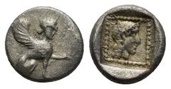 GREEK Dynasts of Lycia. Orou (Uvug) AR Obol. (10mm, 1.09 g) Circa 470-440 BC. Sphinx seated to left, one paw outstretched / Head of Apollo right, OFOV behind, all within incuse square.