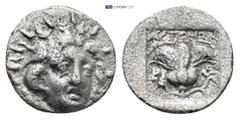 GREEK ISLANDS off CARIA, Rhodos. Rhodes AR Hemidrachm. (12mm, 1.25 g) 'Plinthophoric' coinage. Artemon, magistrate. Circa 170-150 BC. Radiate head of Helios facing slightly right / Rose with bud to ri