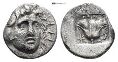 GREEK ISLANDS off CARIA, Rhodos. Rhodes. Circa 125-88 BC. AR Hemidrachm (11mm, 1.4 g). ‘Plinthophoric’ coinage. Uncertain magistrate. Radiate head of Helios facing slightly right / Rose with buds to l