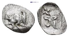 GREEK Mysia. Kyzikos Hemiobol, boar / lion Kyzikos, Mysia. AR Hemiobol (10mm, 0.44 g), c. 500-490. Obv. Forepart of boar left, behind, tunny fish. Rv. Lion's head left, above, star; all within square 