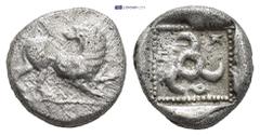 GREEK Dynasts of Lycia, Kuprilli AR 1/4 Stater. (12mm, 2.7 g) Circa 480-440 BC. Lion standing right, head left, raising forepaw / Triskeles; KO-ΠP-ΛΛE around; all in pelleted square within incuse squa