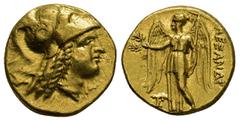 GREEK KINGS of MACEDON. temp. Alexander III – Philip III. Circa 325-320 BC. AV Stater (17mm, 8.65 g). In the name of Alexander III. Kition mint. Helmeted head of Athena right / Nike standing left, hol
