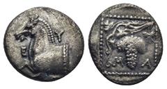 GREEK THRACE, Maroneia. Circa 377-365 BC. AR Triobol. 2.2 Gr. 14mm. Forepart of horse left; E-Y-around Rev .Grape bunch on vine within dotted linear square; all within shallow incuse square.