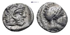 GREEK LYCIA, Telmessos?. Circa 410-390 BC. AR Diobol (8mm, 0.73 g). Bearded head of Herakles right, wearing lion skin headdress; all within incuse square. Rev: Helmeted head of Athena right.