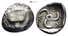 GREEK Dynasts of Lycia, AR Diobol. Circa 425-360 BC. (1.46 Gr. 12mm.) Facing lion's scalp Rev. Triskeles, Lykian script around, astragalos to lower right; all within incuse square.