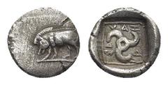 GREEK Dynasts of Lykia. Uncertain Dynast AR Triobol. (11mm, 1.39 g) Circa 500-460 BC. Boar standing left / Triskeles within incuse square.