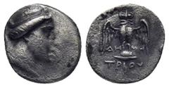 GREEK PONTOS. Amisos. Circa 300-125 BC. Triobol or Hemidrachm (13mm, 1.66 g), Demetrios, magistrate. Turreted and draped bust of Hera-Tyche right. Rev. ΔΗ-ΜΗ / ΤΡΙΟΥ Owl standing facing on shield with