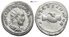 ROMAN IMPERIAL Pupienus, AD 238. Silver antoninianus (23mm, 4.48 g). Rome. IMP CAES PVPIEN MA[XIMVS AVG], radiate, draped and cuirassed bust of Pupienus right. Reverse PATRES SENATVS, clasped hands.
