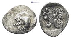 GREEK Mysia. Kyzikos c. 500-490. Hemiobol AR Hemiobol (0.43 Gr. 10mm.) Forepart of boar left, behind, tunny fish. Rev. Lion's head left, above, star; all within square incuse.