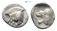 GREEK Mysia. Kyzikos c. 500-490. Hemiobol AR Hemiobol (0.54 Gr. 8mm.) Forepart of boar left, behind, tunny fish. Rev. Lion's head left, above, star; all within square incuse.