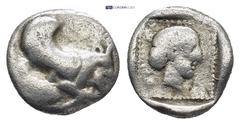 GREEK Dynasts of Lycia, Uvug AR Diobol. (11mm, 1.39 g) Circa 450-400 BC. Forepart of winged, man-headed bull advancing right / Head of Aphrodite right within incuse square; Lykian legend behind.