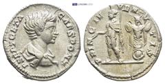 ROMAN IMPERIAL Geta, as Caesar (198-209 AD) AR Denarius (18mm, 3.2 g.) Rome, 201-202 AD. P SEPT GETA CAES PONT Bare-headed and draped bust of Geta to right, seen from behind. Rev. PRINC IVVENTVTIS Get