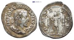 ROMAN IMPERIAL Maximinus I Thrax, 235-238. Denarius (21mm, 2.72 g) Rome, 235. IMP MAXIMINVS PIVS AVG. Laureated and draped head of Maximinus right. Rev. P M T R PPP Maximinus in military dress standin