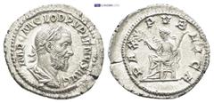 ROMAN IMPERIAL Pupienus. AD 238. AR Denarius (21mm, 3.0 g). Rome mint. IMP C M CLOD PVPIENVS AVG, laureate, draped, and cuirassed bust right / PAX PVBLICA, Pax, draped, seated left on throne, holding 