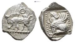 GREEK DYNASTS of LYCIA. Uncertain dynast. Circa 490/80-440/30 BC. AR Tetartemorion (6mm, 0.20 g). Forepart of boar left / Sphinx seated left in square incuse.