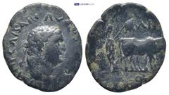ROMAN PROVINCIAL PISIDIA. Antioch. Titus as Caesar (69-79) Ae. (23mm, 5.7 g) Obv: TITO IMP CAESARI AVGVSTI F COS V; laureate head of Titus, right Rev: ANT COL; priest holding vexillum ploughing with t