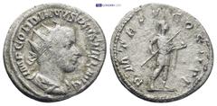 ROMAN IMPERIAL Gordian III AD 238-244. Rome Antoninianus AR (21mm, 4.2 g) IMP GORDIANVS PIVS FEL AVG, radiate, draped and cuirassed bust of Gordian right / P M TR P V COS II P P, Gordian standing righ