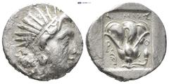 GREEK ISLANDS off CARIA, Rhodos. Rhodes. Circa 188-170 BC. AR Drachm (13mm, 2.3 g). 'Plinthophoric' coinage. Agemachos, magistrate. Radiate head of Helios right / Rose with bud to right; AΓEMAXOΣ abov