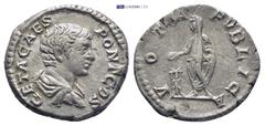 ROMAN IMPERIAL Geta as Caesar, AD 198-209. AR, Denarius. (18mm, 3.1 g). Obv: GETA CAES PONT COS. Bust of Geta, bare-headed, draped, right. Rev: VOTA PVBLICA. Geta, veiled, togate, standing left, sacri