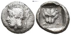 GREEK LESBOS. Methymna. (Circa 450/40-406 BC). AR Triobol or Hemidrachm (10mm, 1.4 g) Helmeted head of Athena left / M - A. Facing head of lion or panther within pelleted linear square border; all wit