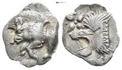 GREEK Mysia. Kyzikos Hemiobol, boar / lion Kyzikos, Mysia. AR Hemiobol (8mm, 0.3 g), c. 500-490. Obv. Forepart of boar left, behind, tunny fish. Rv. Lion's head left, above, star; all within square in