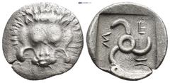 GREEK Dynasts of Lycia, Mithrapata AR Diobol. (13mm, 1.3 g) Circa 425-360 BC. Facing lion's scalp / Triskeles, all within incuse square.