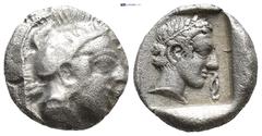 GREEK Dynasts of Lycia. Xanthos. Wekhssere I 450-430 BC. Diobol AR (10mm., 1,4 g). Helmeted head of Athena right / Laureate head of Apollo right, diskeles to right, all within incuse square.