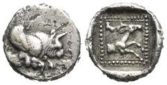GREEK Caria or Lycia? Ar diobol (11mm, 1.1 g) Forepart of winged bull right. Forepart stag right.