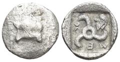 GREEK Lycia, Mithrapata ca 390-370 BC. AR Obol (10mm, 0,6 g). Astragalos / Triskeles, Corinthian helmet facing right; within incuse square.