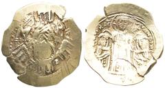 BYZANTINE ANDRONICUS II PALAEOLOGUS with MICHAEL IX (1282-1328). Hyperpyron. Constantinople. (4.29 Gr. 24mm.) Bust of the Virgin orans within city walls with six groups of towers. Rev. Andronicus and 