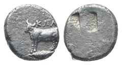 GREEK Bithynia, Kalchedon. AR Triobol (12mm, 2.3 g), c. 386-340 BC. Obv. KAΛX, bull standing left on ear of corn. Rev. Quadratum incusum filled with dots.