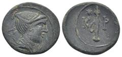 GREEK LYCIA. Lycian League. Kragos. Ae (Circa 19-15 BC). (4.12 Gr. 18mm.) Head of Artemis right, with bow and quiver over shoulder. Rev. K - P./ Quiver.
