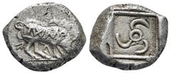GREEK DYNASTS of LYCIA. Kuprilli. Circa 480-440 BC. AR Stater (21mm, 8.67 g). Limyra mint. Boar standing right, head lowered, IWMO on its side, Δ below / Triskeles with dotted central annulet, within 