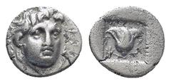 GREEK ISLANDS off CARIA, Rhodos. Rhodes. Circa 125-88 BC. AR Hemidrachm (13mm, 1.35 g). 'Plinthophoric' coinage. Radiate head of Helios facing slightly right / Rose with bud to right; spearhead to lef