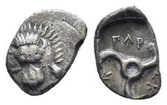 GREEK Dynasts of Lycia, Perikles AR Third Stater. (17mm, 2.27 g) Circa 380-360 BC. Facing lion's scalp / Triskeles, Lykian legend around; all within shallow incuse circle.