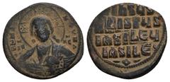 BYZANTINE Anonymous Æ 40 Nummi. Time of Basil II and Constantine VIII. Constantinople, circa 976-1025. 9.8gr. 27.7mm. Facing nimbus bust of Christ, holding Gospels /+IhSЧS XRISTЧS bASILЄЧ bASILЄ in fo