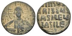 BYZANTINE Anonymous Æ 40 Nummi. Time of Basil II and Constantine VIII. Constantinople, circa 976-1025. 8.42gr. 28mm. Facing nimbus bust of Christ, holding Gospels /+IhSЧS XRISTЧS bASILЄЧ bASILЄ in fou